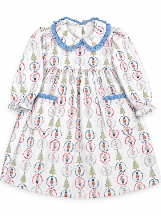 Blue Nutcracker Print Dress with Ruffle Collar