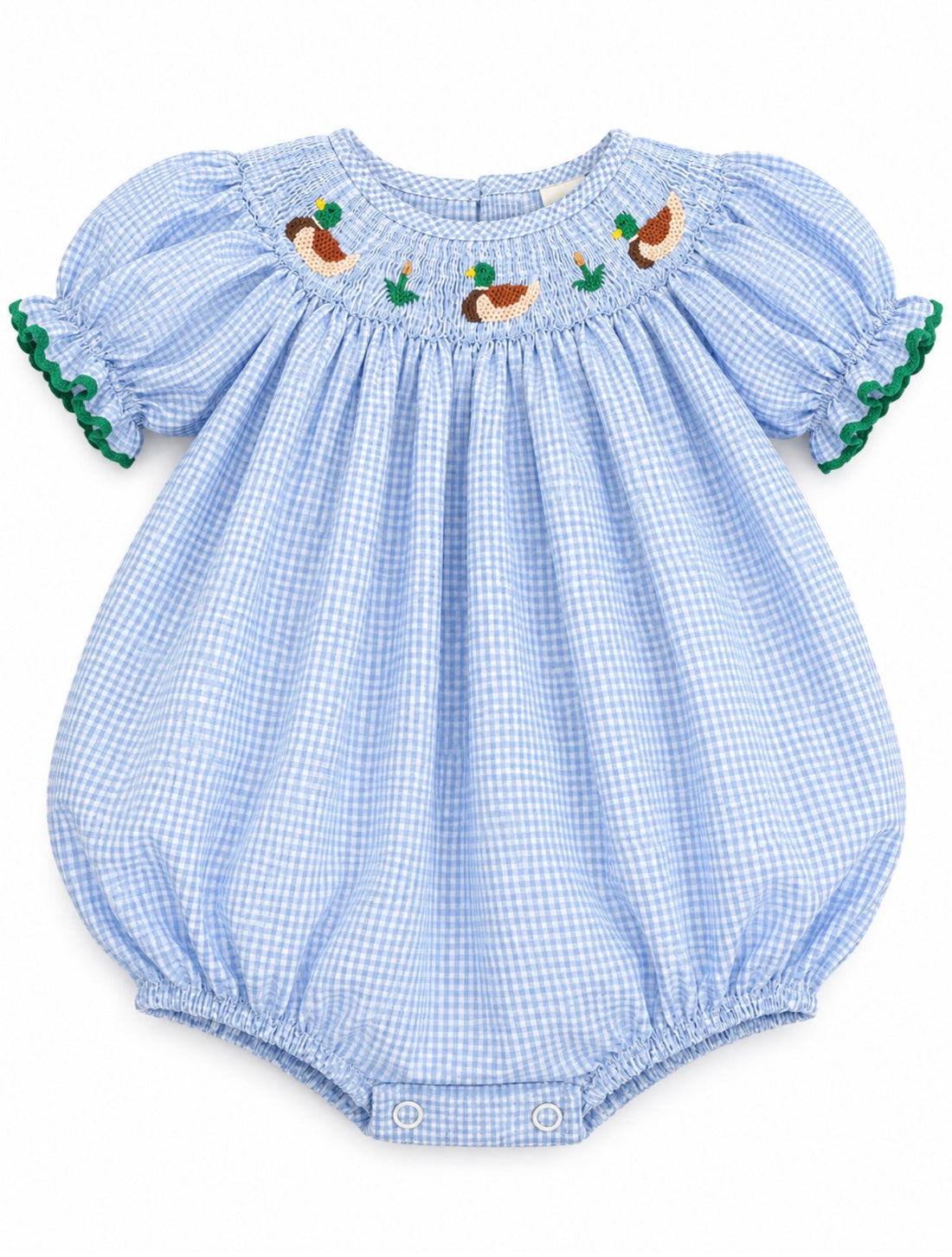 Smocked Blue Girl Mallard Bubble