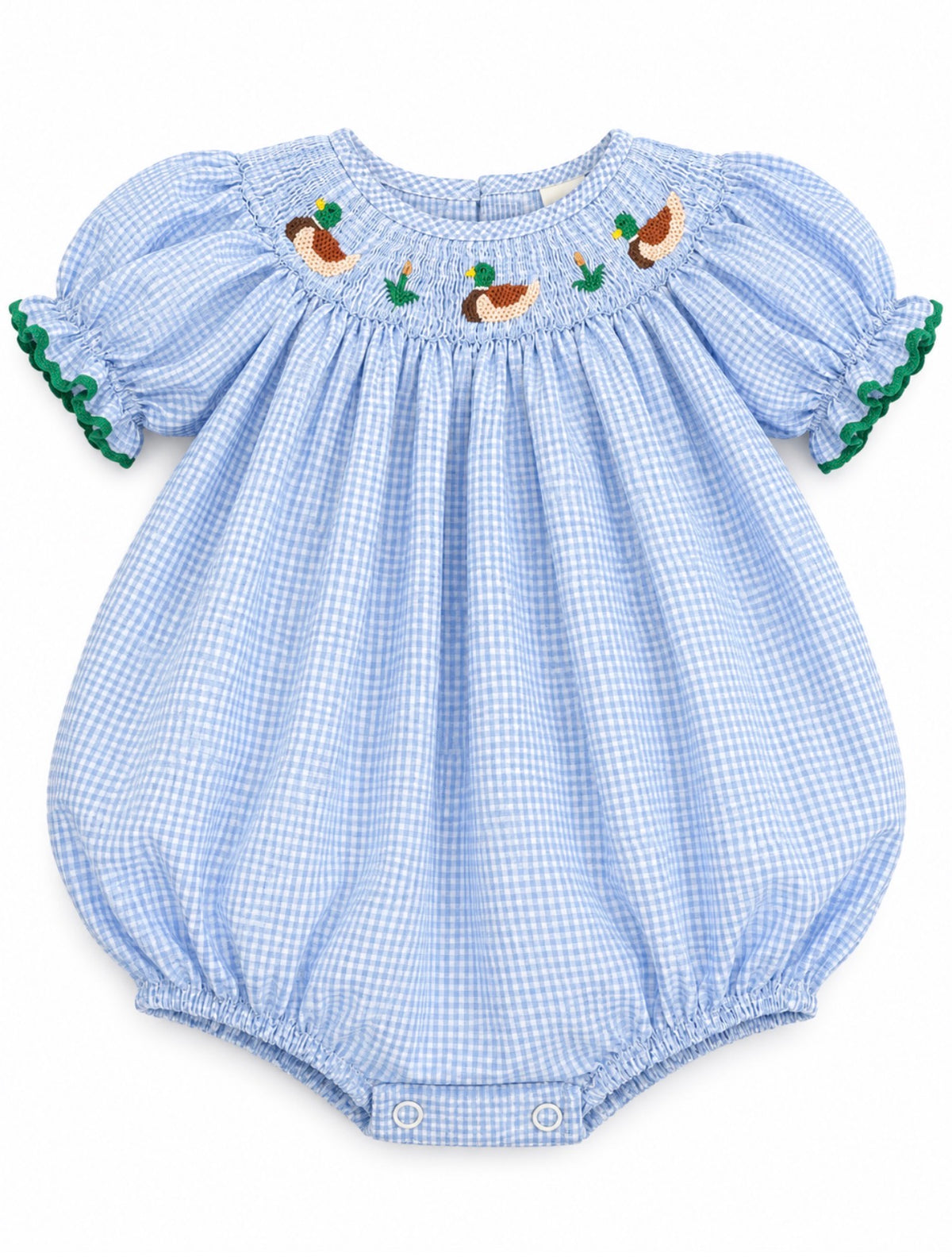 Smocked Blue Girl Mallard Bubble