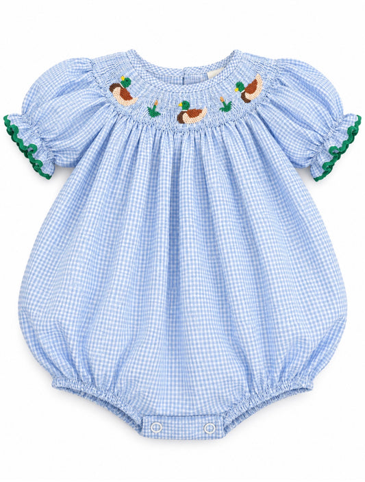 Smocked Blue Girl Mallard Bubble
