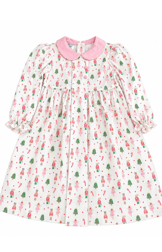 Nutcracker Print Dress with pink collar