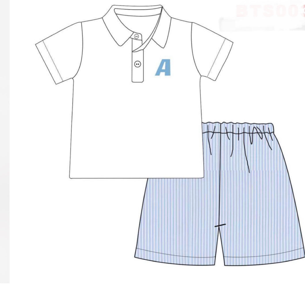 Pre Order Ships Early February Blue Seersucker Short Set WITH FIRST initial