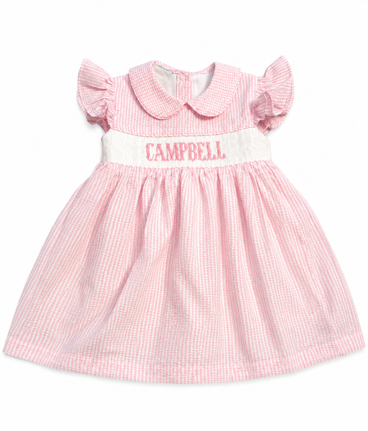 CAMPBELL Pink Seersucker Custom Name Dress 12M
