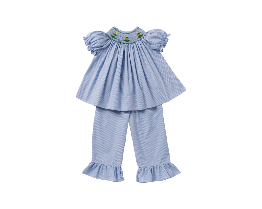Ships Now Smocked Christmas Tree Ruffle Pant Set